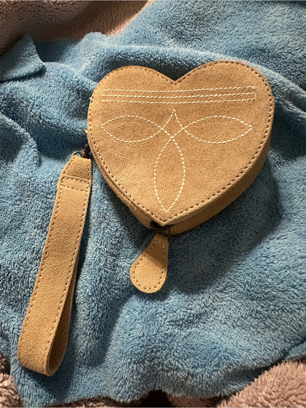 Heart-Shaped Suede Wristlet Bag in Tan